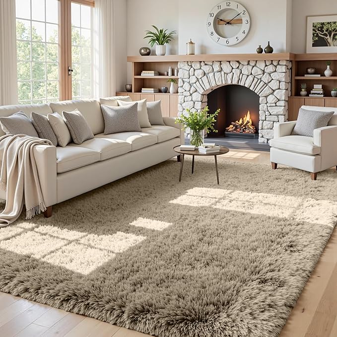 5x7 Area Rugs for Living Room: Soft Fluffy Shag Gray Camel Rugs for Bedroom by CarpetAddColortoYourLife