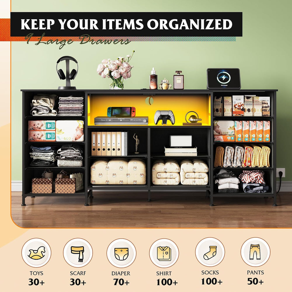 WLIVE LED Dresser TV Stand for 75 Inch TV, 12 Drawers, Black