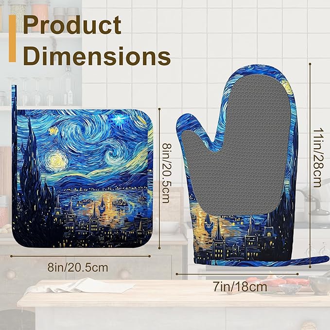 Starry Night Oven Mitts and Pot Holders Set of 4, Heat Resistant Non Slip - Image 2