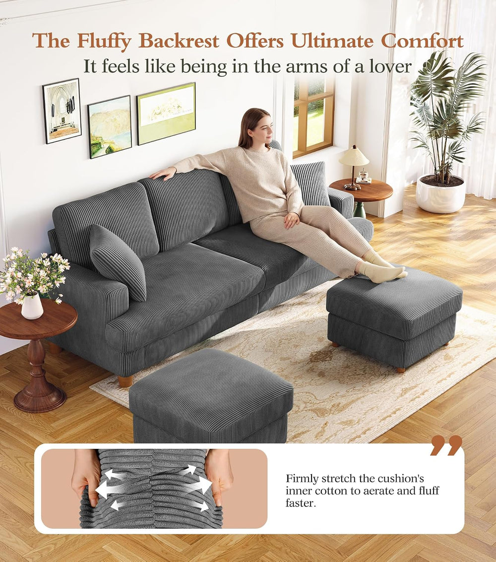 Kidirect 87" U Shaped Modular Sectional Sofa & Ottoman Grey Corduroy...