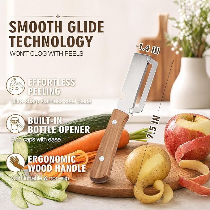 2 Pack Vegetable Peeler, with Wooden Handle & Bottle Opener, Stainless Steel - Image 2