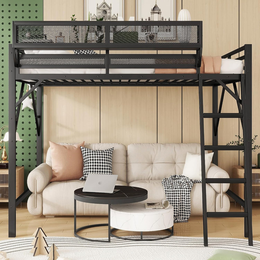 Full Size Metal Loft Bed Frame with Ladder and Built-in Storage Shelves, for ...