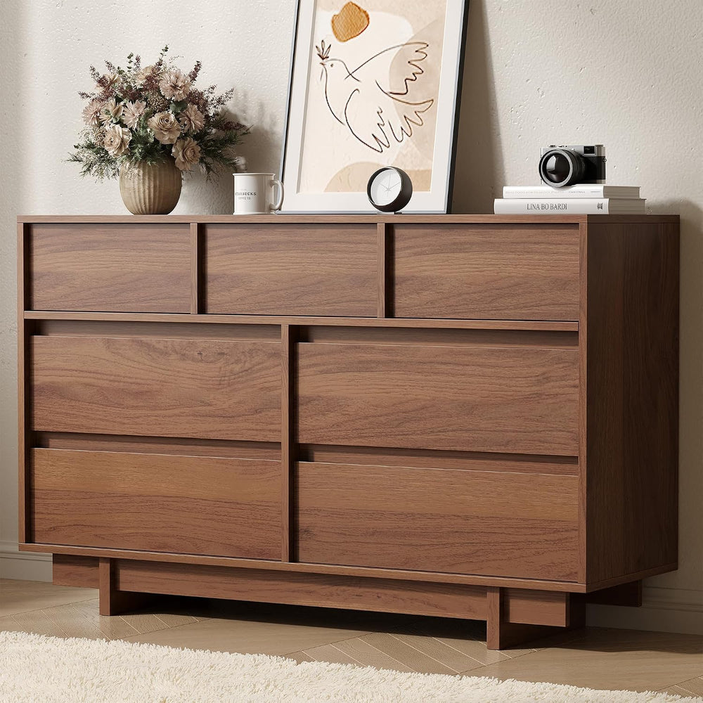 7 Drawer Walnut Dresser for Bedroom, 51.5" Wide Mid Century Modern Dresser