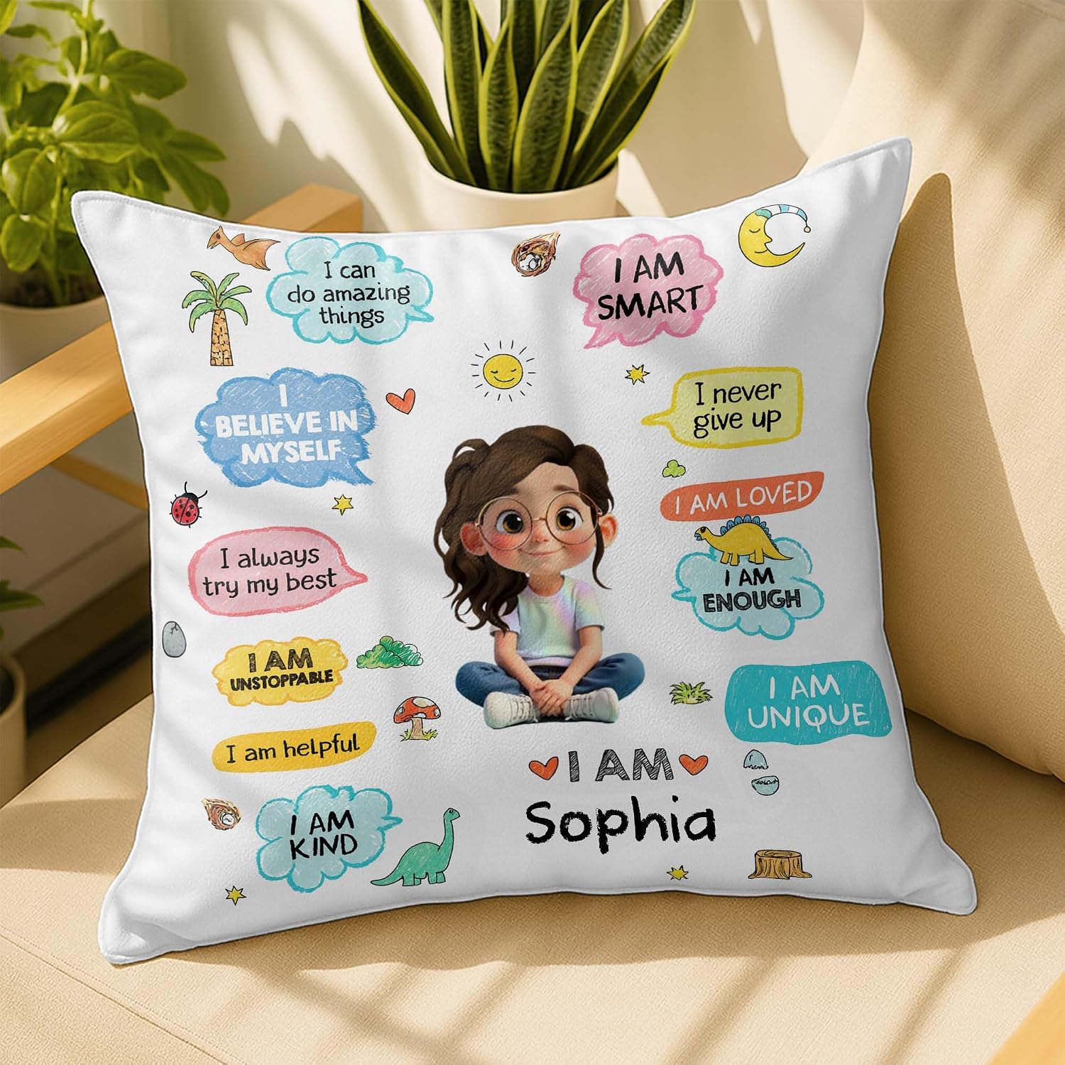 Personalized Affirmation Pillow Cover for Kids, Custom Character & Name Decorative Cushion, “I Believe in Myself” Positive Quotes, Cute Playroom Bedroom Decor for Back to School