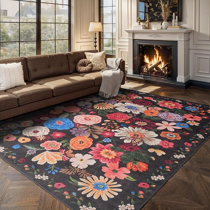 Black/Brown Area Rugs 10x14 Living Room, Non Slip Machine Washable Floral Rugs - Image 7