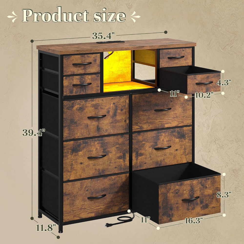 Dresser for Bedroom with Charging Station & LED Light, 10 Drawers