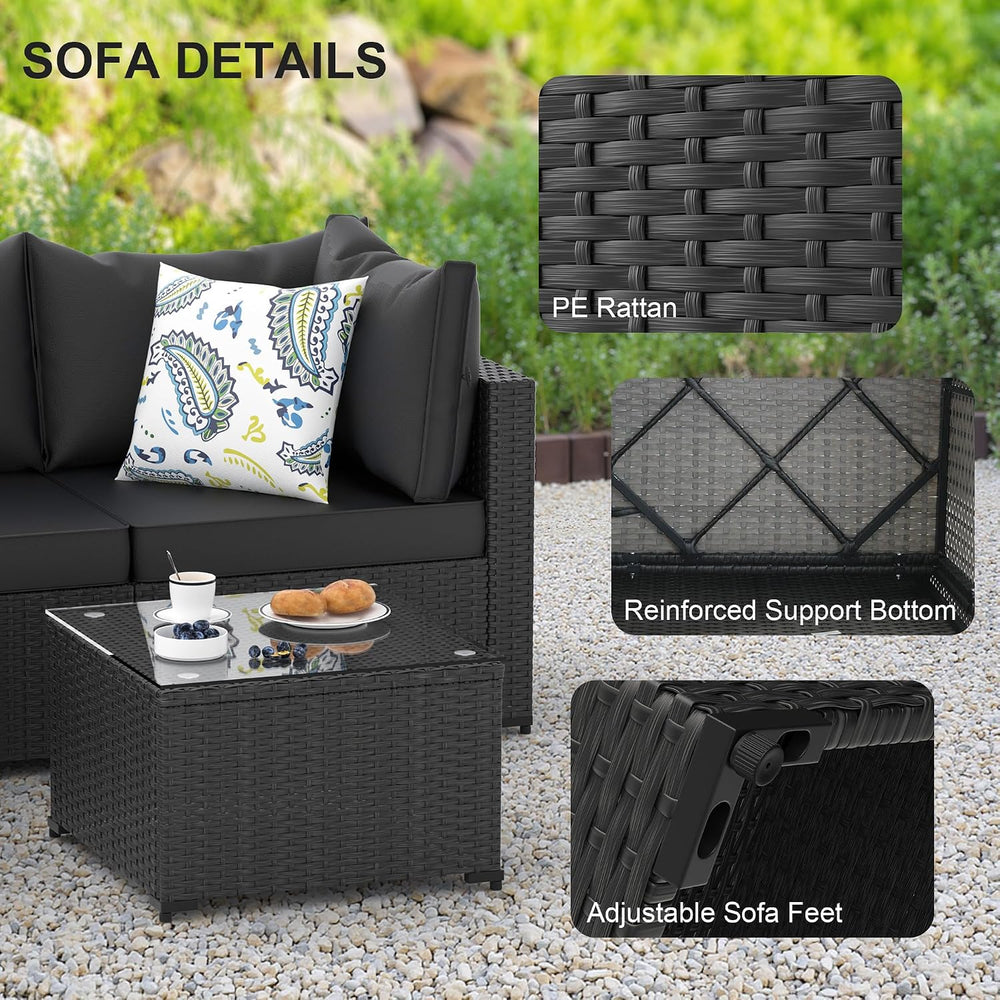 Patio Furniture Set, 5PCS Outdoor Sectional w/ Ottoman & Cushion, Black