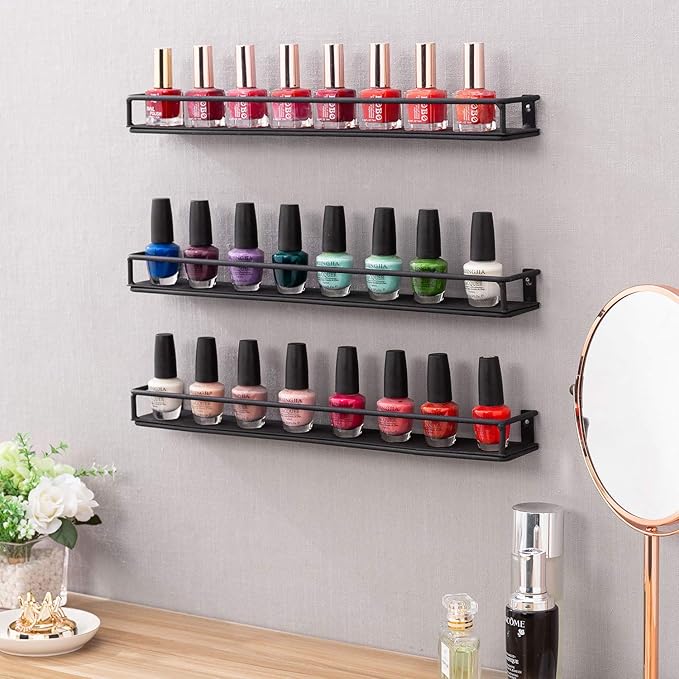 MyGift Set of 3 Wall-Mounted Black Metal Nail Polish and Essential Oils Display - Image 4
