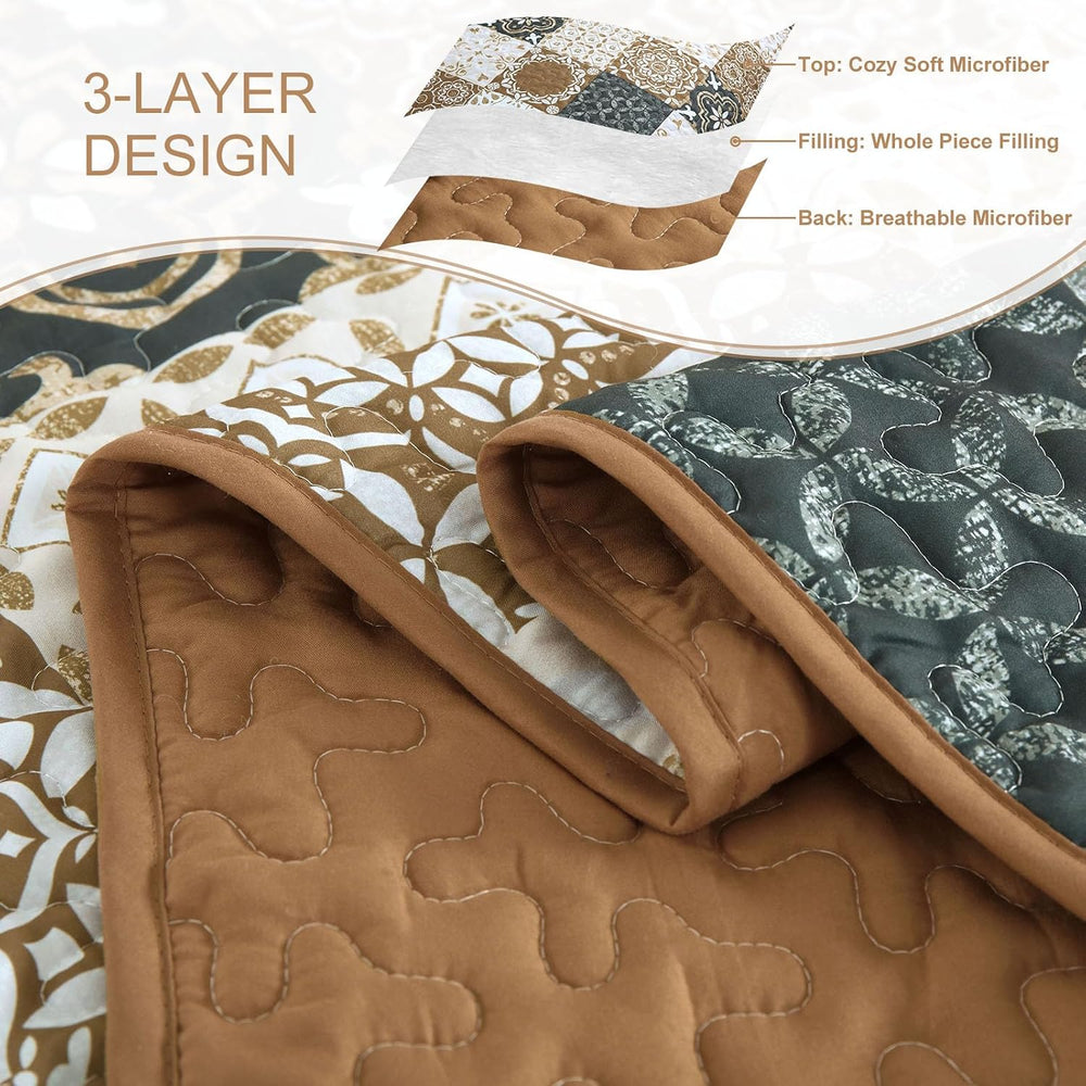 Patchwork Quilt Set King Size, Boho Farmhouse Bedspread Brown