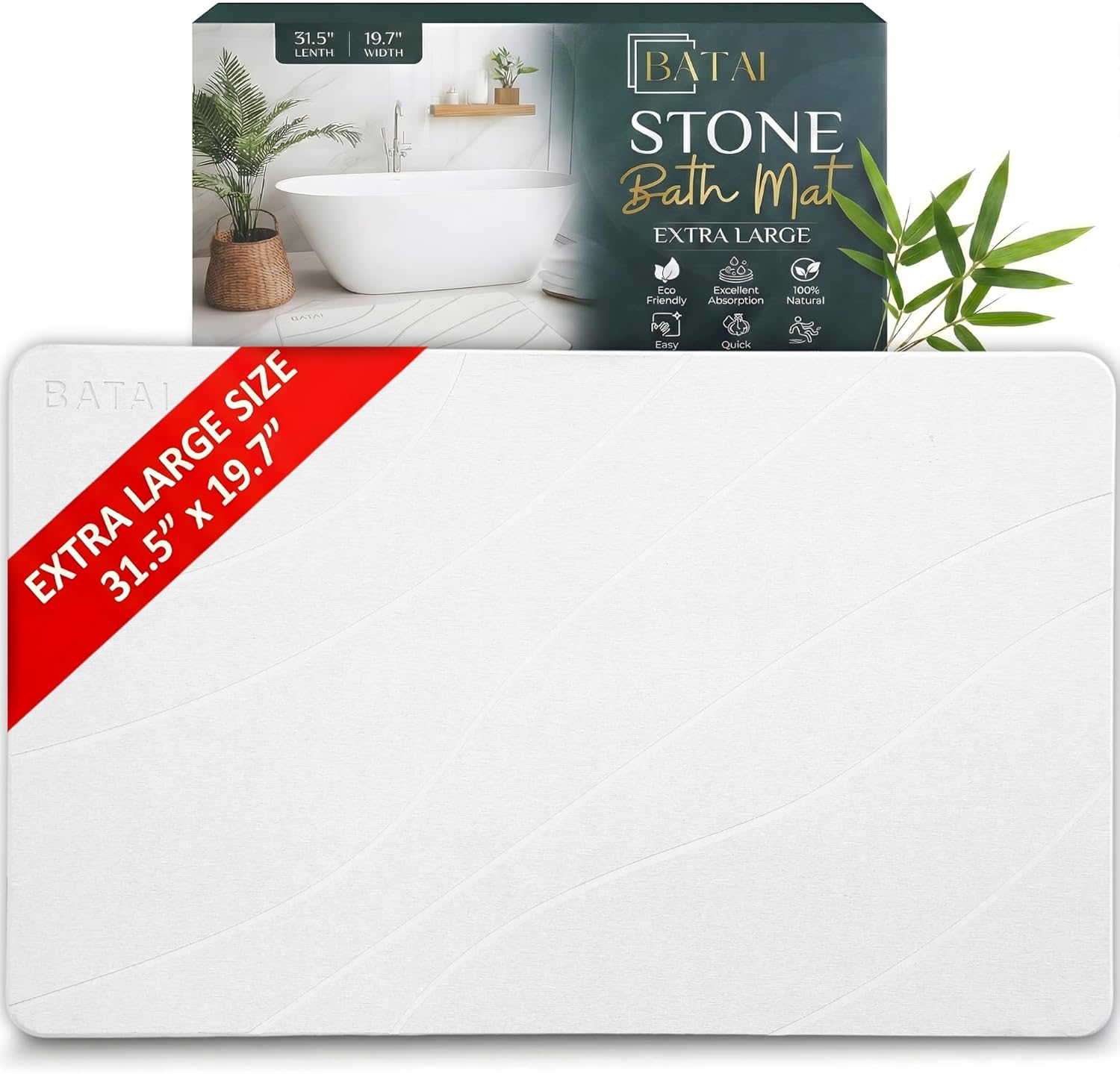 Extra Large Diatomaceous Earth Stone Bath Mat (31.5” x 19.7”) White XL | Fast Absorbent Shower Stone Bath Mat For Bathroom - Quick Dry, Easy Clean and Non-Slip Mat - Instant Drying Diatomite Bathmat