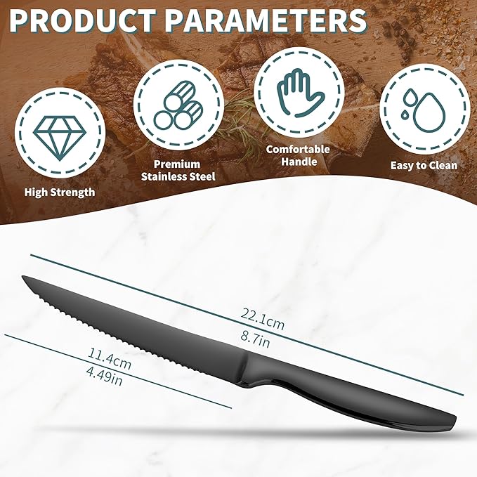 SuperCook Black Steak Knives of 12, High End Stainless Steel Steak Knives Set - Image 3