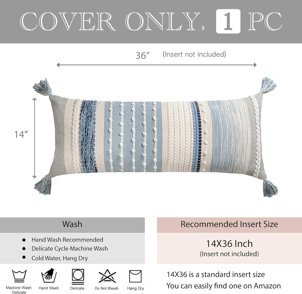 BlissBlush Coastal Blue Decorative Lumbar Pillow Cover 14x36 Boho Long Body P...