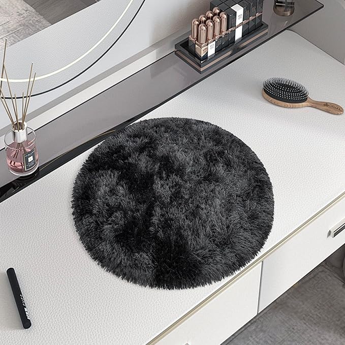 Tie Dye Black Round Rugs Small 2x2 ft Fluffy Circle Rug Furry Carpet Shaggy - Image 3