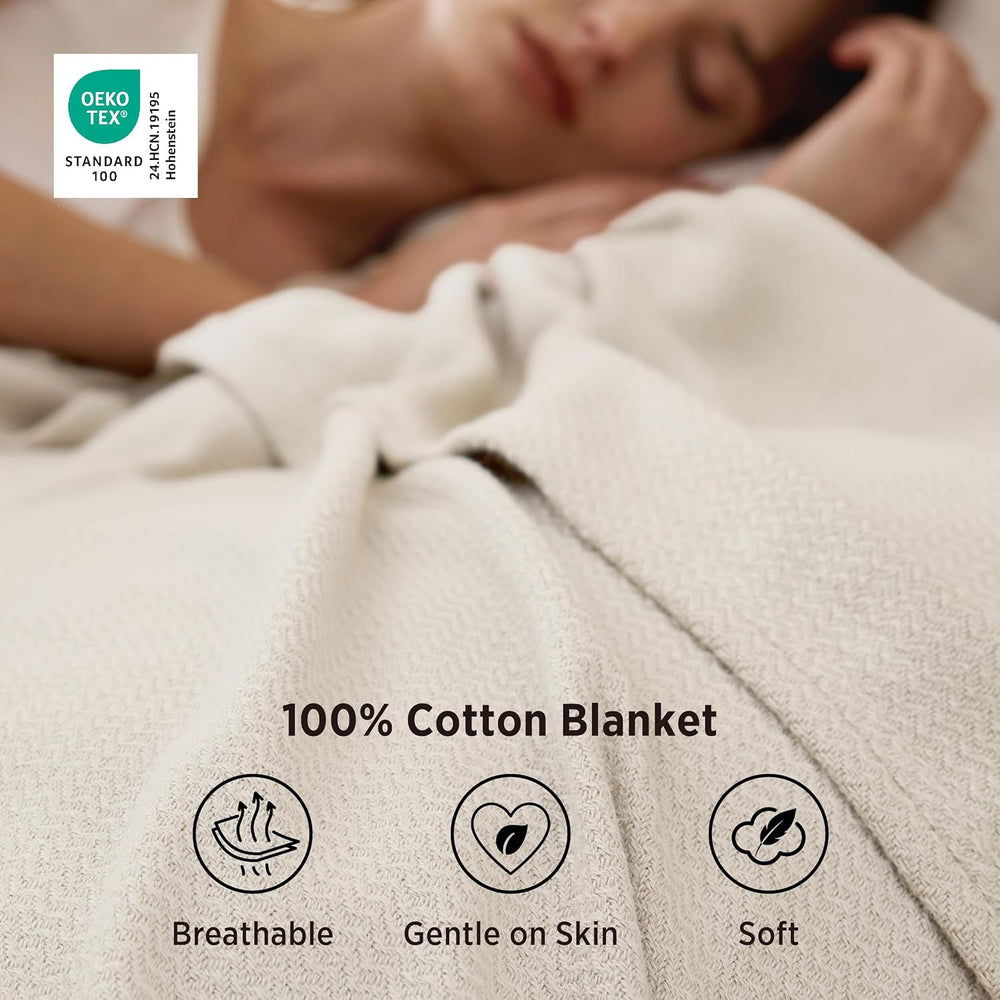 Bedsure 100% Cotton Blanket, Herringbone Weave, King, Linen Beige