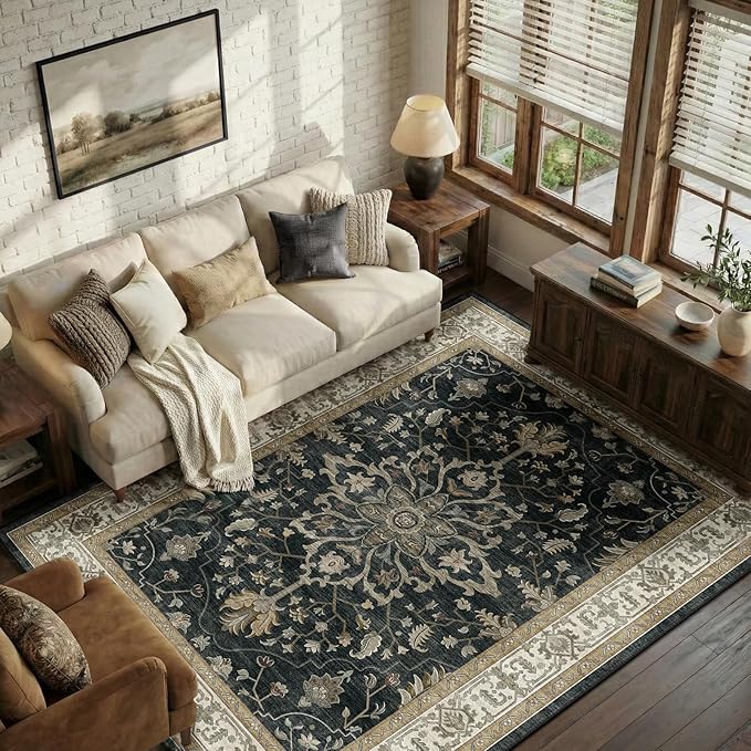 RELEANY Area Rugs 6'x9' Washable Non-Slip, Floral Vintage Distress Print
