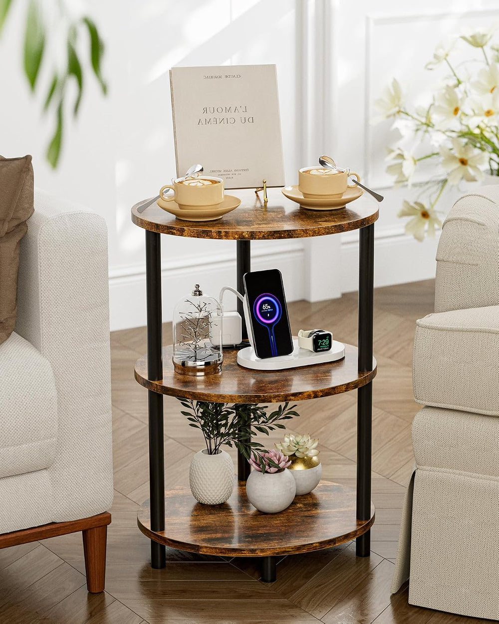 Small Round Side Table - 3-Tier Oval Accent Table for Small Spaces, Rustic Wo...