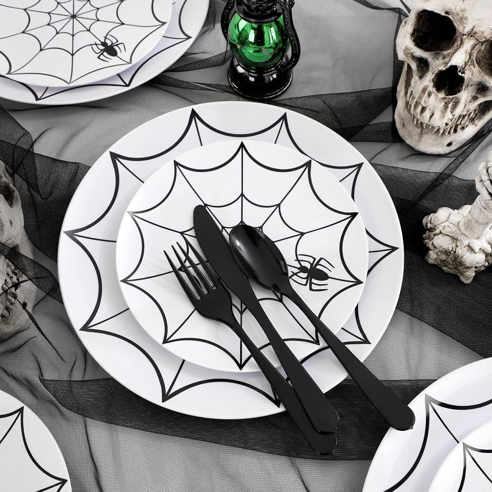 WDF 60Pieces Halloween Plates Disposable Plastic - White and Black with Cobwe...
