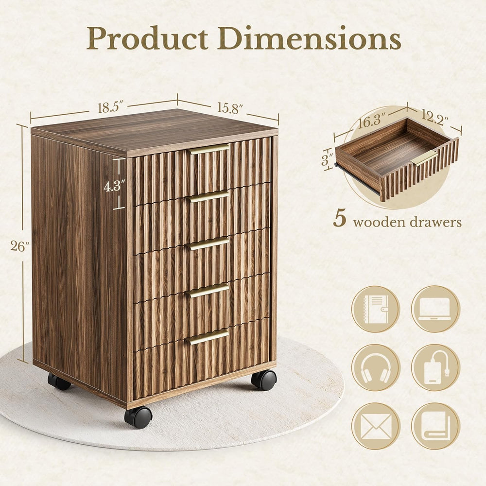 5 Drawer Chest, Under Desk Storage Wood Drawers with Wheels, Fluted File Cabi...