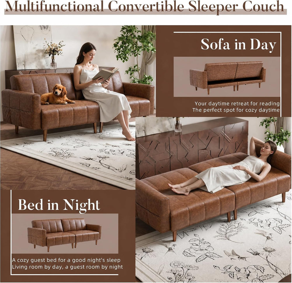 83" Faux Leather Futon Couch,Mid Century Modern Leather Sofa(Brown)