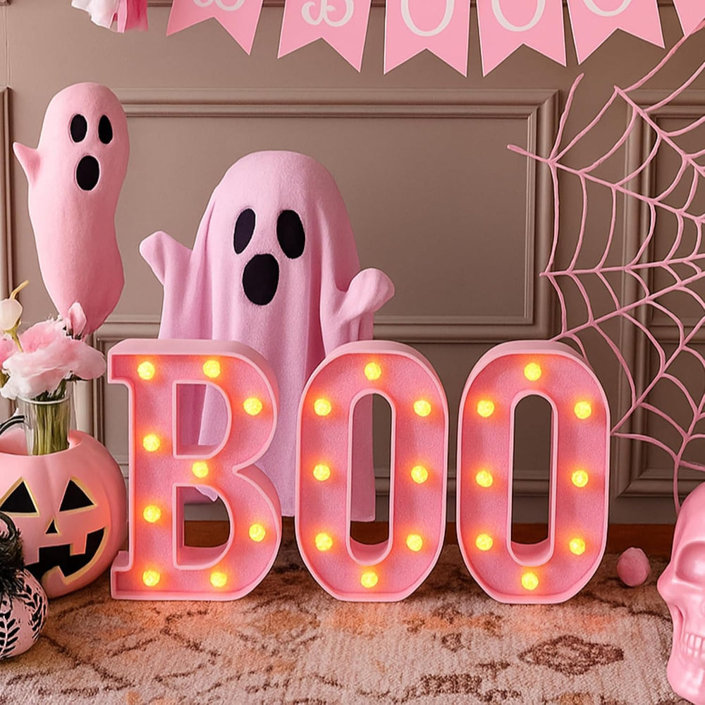 Baquler 3 Pcs Halloween Boo Sign Light up Marquee LED Letters,Pink