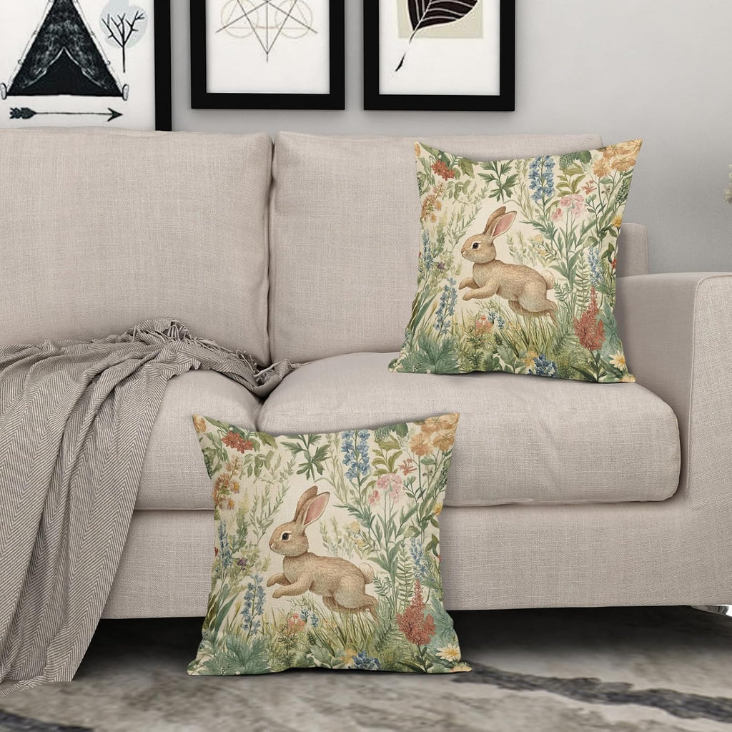 Spring Pillow Covers 16x16 Inch Set of 2 Rabbit Bunny Floral Flower Green Leaves Vintage Botanical Plants Easter Themed Cotton Linen Decorative Throw Pillow Case for Bedroom Sofa Living Room Chair