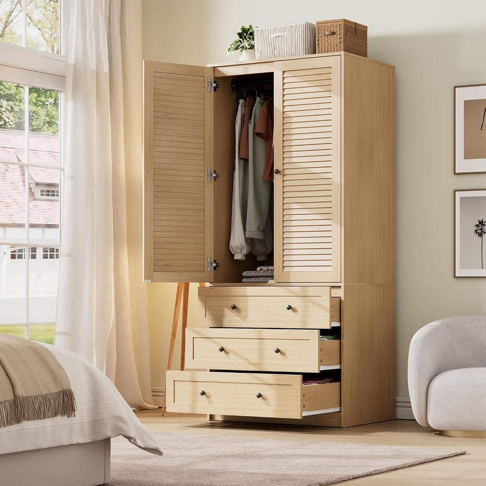 GarveeHome Armoire Wardrobe with Drawers, Wooden Closet, Hanging Rod, Oak