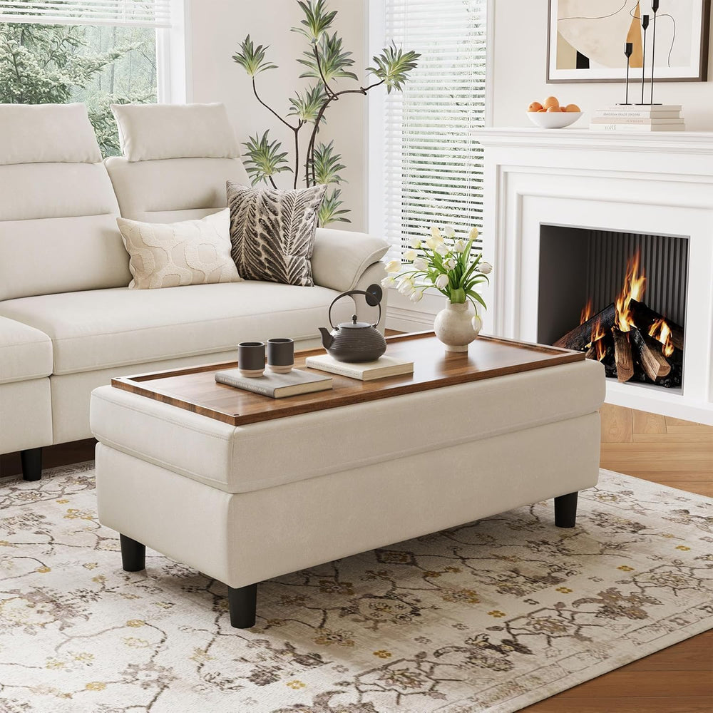 LINSY HOME 46 Inches Wide Storage Ottoman Bench, Linen Coffee Table Folding L...