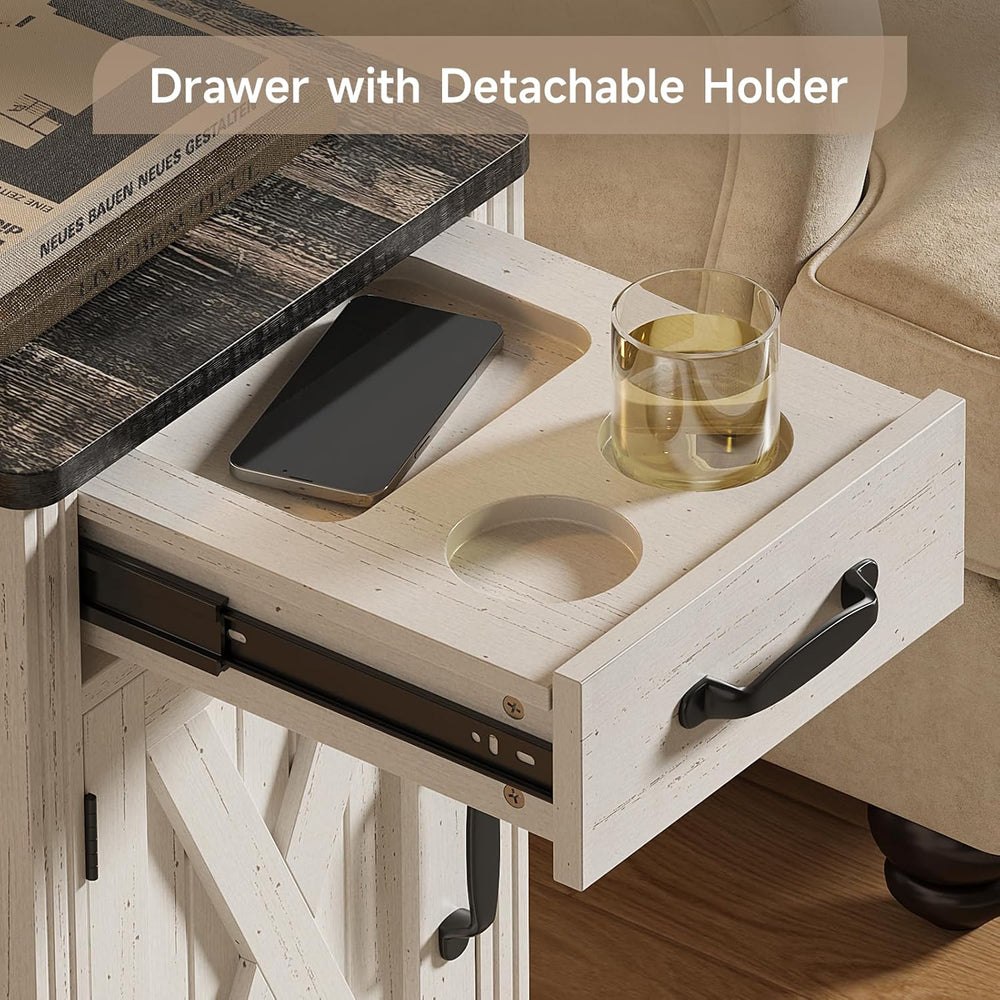 ONBRILL Farmhouse End Table with Charging Station, Narrow Side Table with Bar...