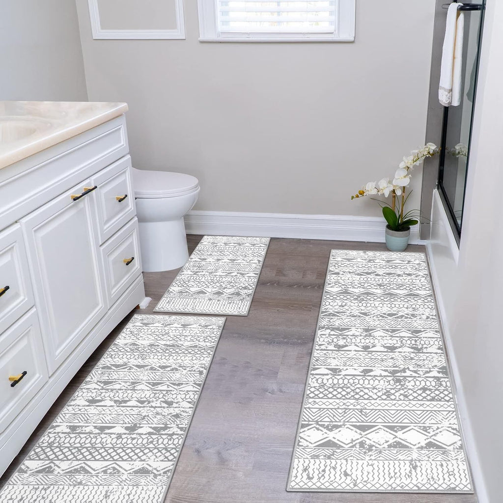 HEBE Boho Kitchen Rugs Set of 3, Non Slip Washable Kitchen Mats for Floor | Farmhouse Kitchen Rug and Runner Set, Soft Vintage Distressed Kitchen Floor Mat Carpet Runners for Hallway, Entryway, Laundry