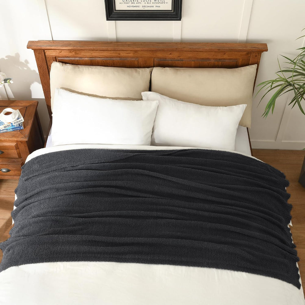 Knitted Dark Grey Black Throw Twin Size Blanket Polyester Soft Fleece Blanket...