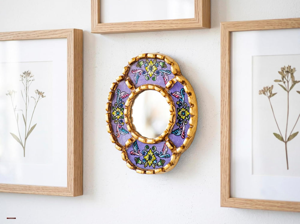 Peruvian Small Oval Mirror 6in, Lavender Hand-Painted Glass