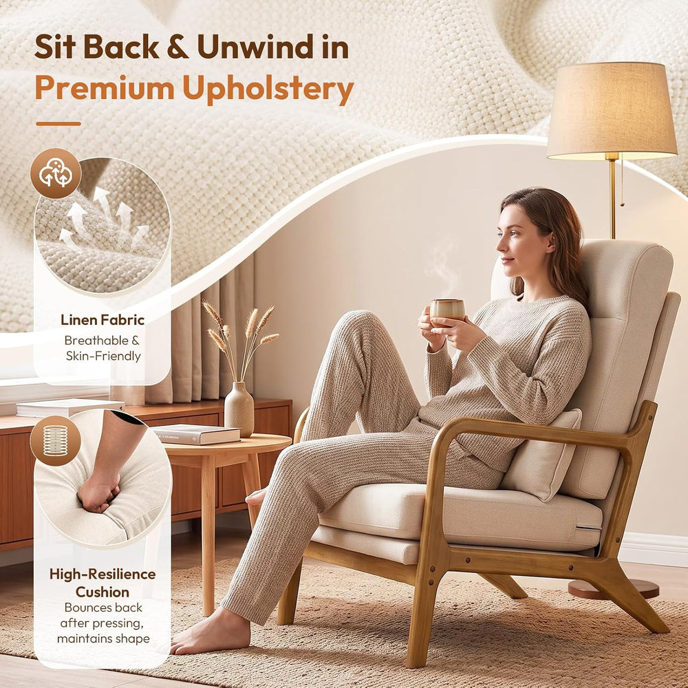 Bonnlo High Back Linen Beige Mid Century Modern Accent Chair, Soild Wood Padd...