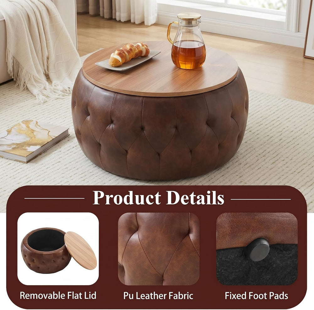 Round Ottoman with Storage, 25 Inches Wooden Top Coffee Table for Living Room...