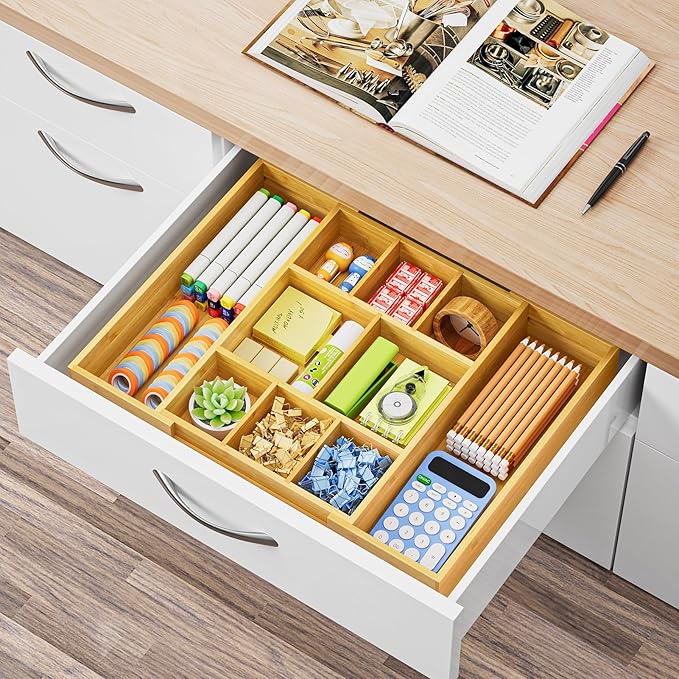 Marbrasse Bamboo Expandable Drawer Organizer, Desk Drawer Organizer Tray - Image 7