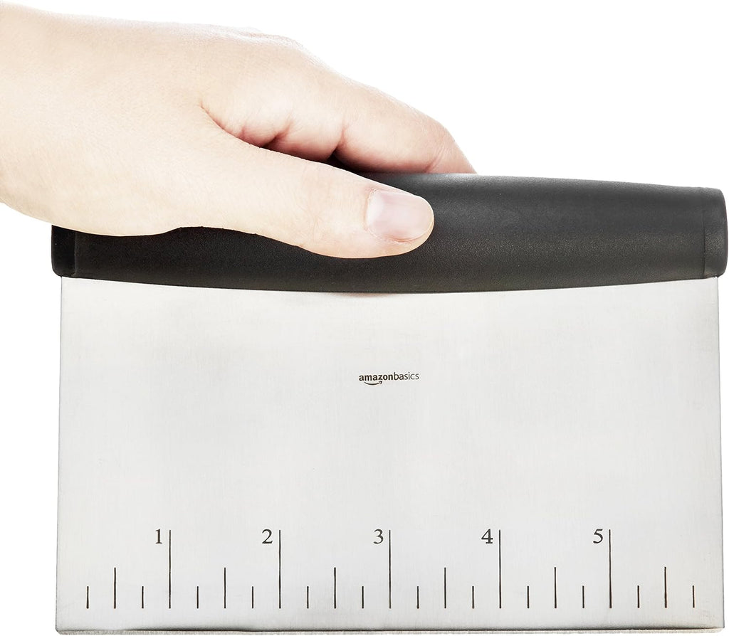 Amazon Basics Multi-Purpose Bench Scraper, Stainless Steel Dough Cutter with Measurement Marks, Dishwasher Safe, Non-slip Contoured Grip, 6", Black, Silver