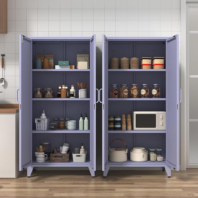 Heavy Duty 61" Lockable Pantry Cabinet, 2-Door 4-Tier Storage Cabinet with 3 Adjustable Shelves, Purple Metal Kitchen Cabinet for Kitchen, Living Room, School Tool Storage, 61"H X 27.6"W X 13.8"D