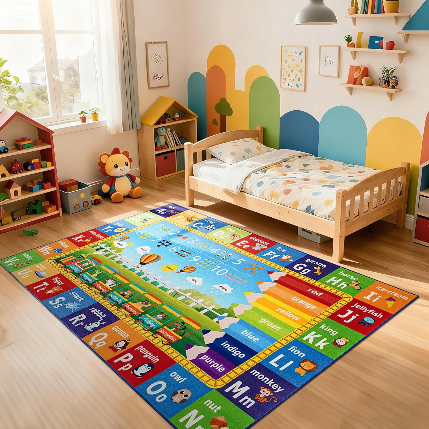 5x7 Kids Rug for Playroom Classroom Bedroom,ABC Rugs | Educational Rug for Learning Alphabet,Numbers,Colors,Season and Animal Words,Non Slip Washable Play Mat for Toddler Decor