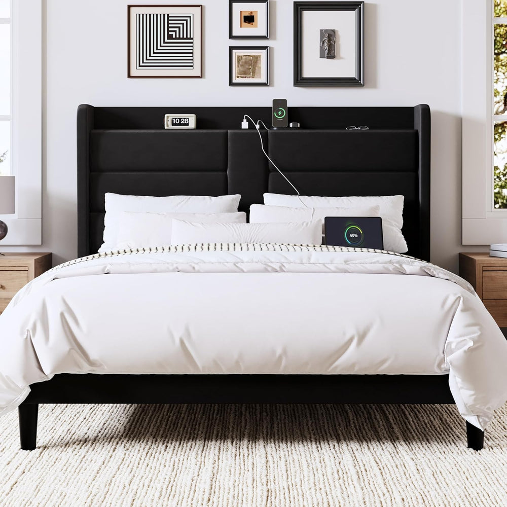 Allewie Full Size Platform Bed Frame with Charging Station & Storage Head...