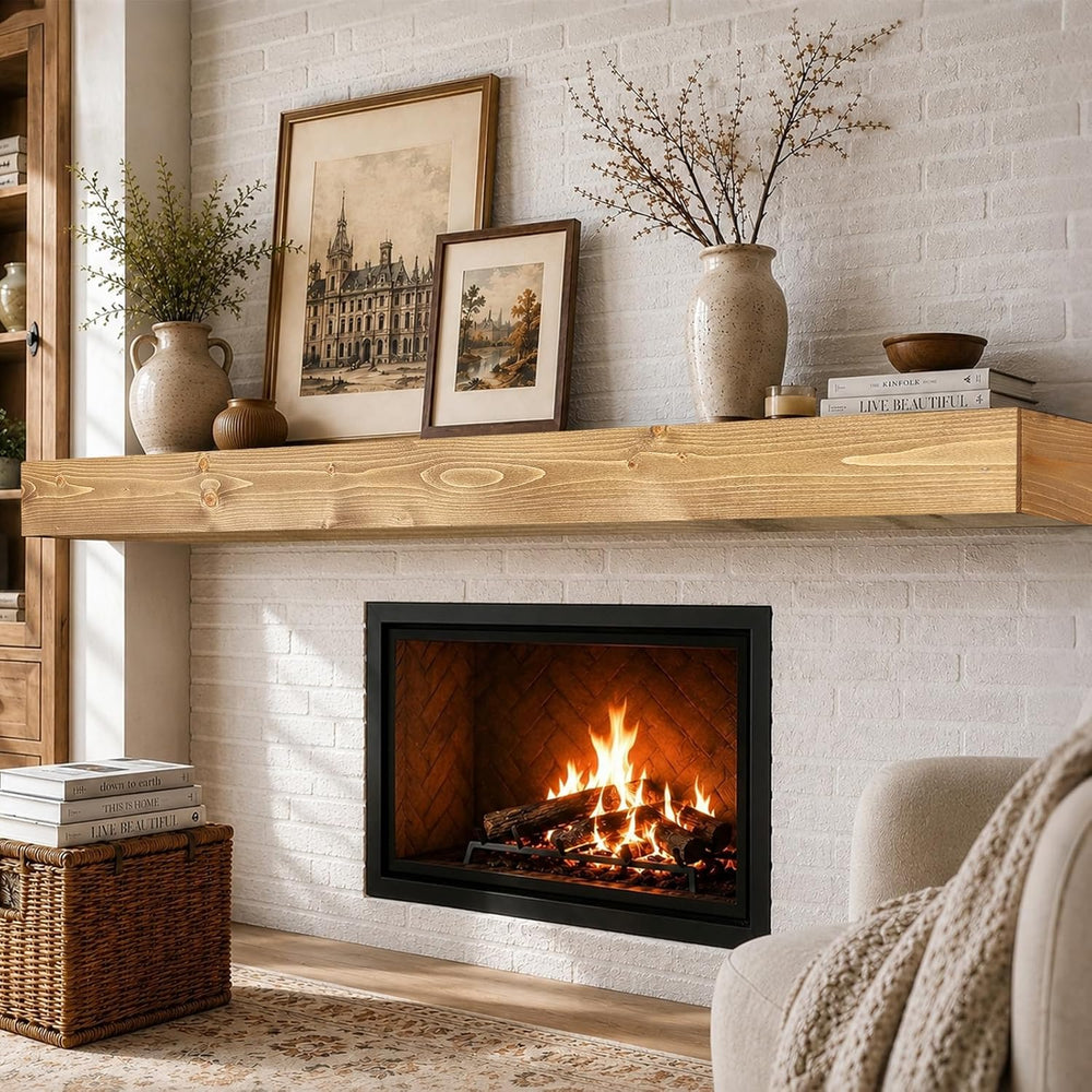 84x8x5in Pine Wood Fireplace Mantel Shelf, Natural Wood