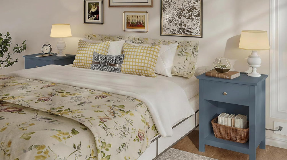 ChooChoo Farmhouse Nightstand with Charging Station Set of 2 | Wooden Top Bed...