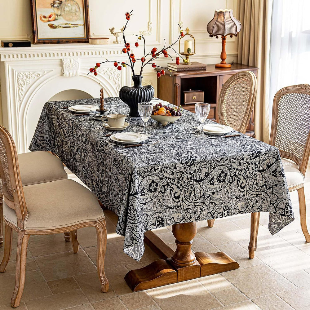 Black Jacquard Floral Tablecloth Rectangle 57”x70”, Waterproof & Wrinkle ...