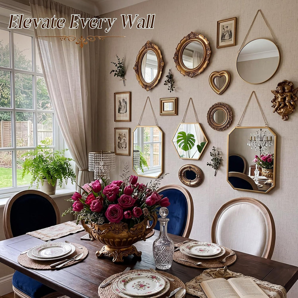 Vintage Gold Wall Mirror Set, 14in/11.2in/10.5in/7.8in, Novel Style, 10 Pcs