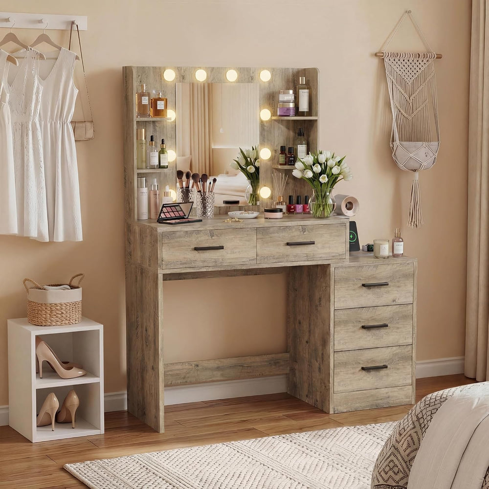 Furmax Makeup Vanity Desk with Mirror and Power Outlet, Vanity with 3 Color L...