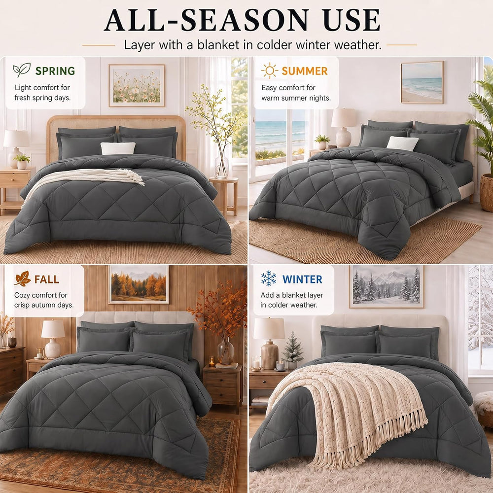 CozyLux Queen Comforter Set 88"x88" Dark Grey - 7 Piece Bed in a Bag