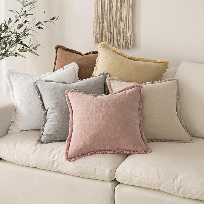 MIULEE Decorative Throw Pillow Covers Neutral Linen Fringe Throw Pillows Euro - Image 6
