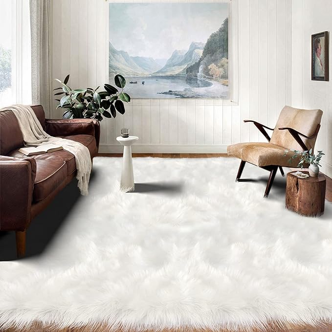 Latepis 12x12 Area Rugs for Bedroom White Faux Fur Rug Washable Super Fluffy by Latepis