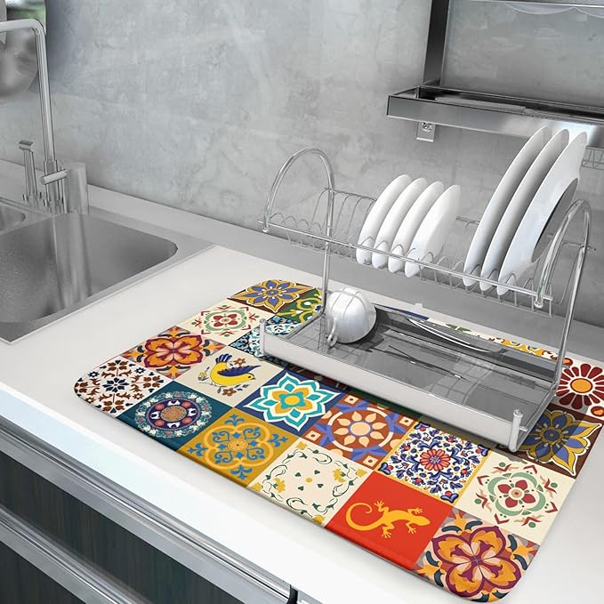 Giwawa Mexican Tile Dish Drying Mat 18"x24" Talavera Boho Floral Print Dish - Image 5