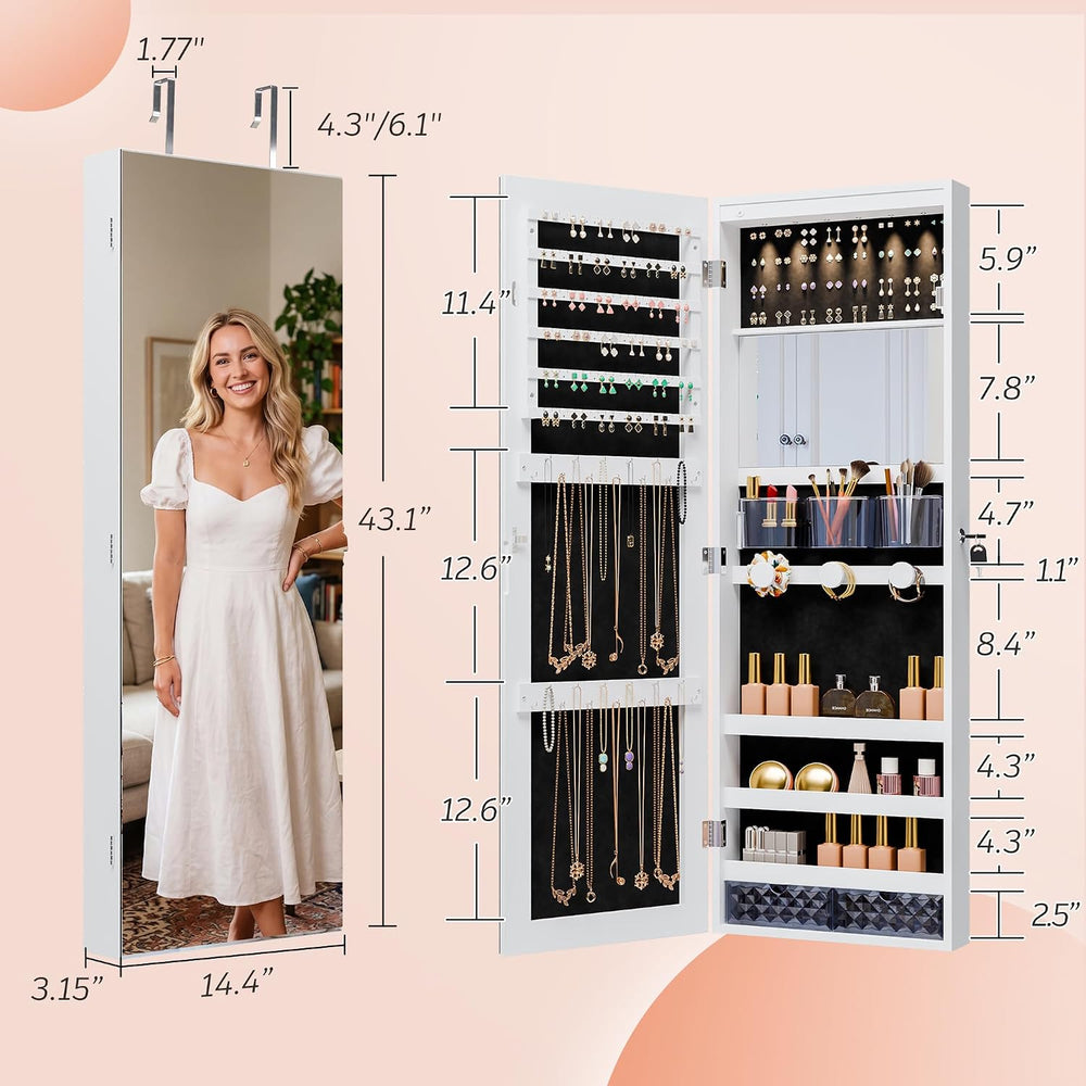 Unisakey Lockable Mirror Jewelry Cabinet LED Lights Wall Mount White | Door o...