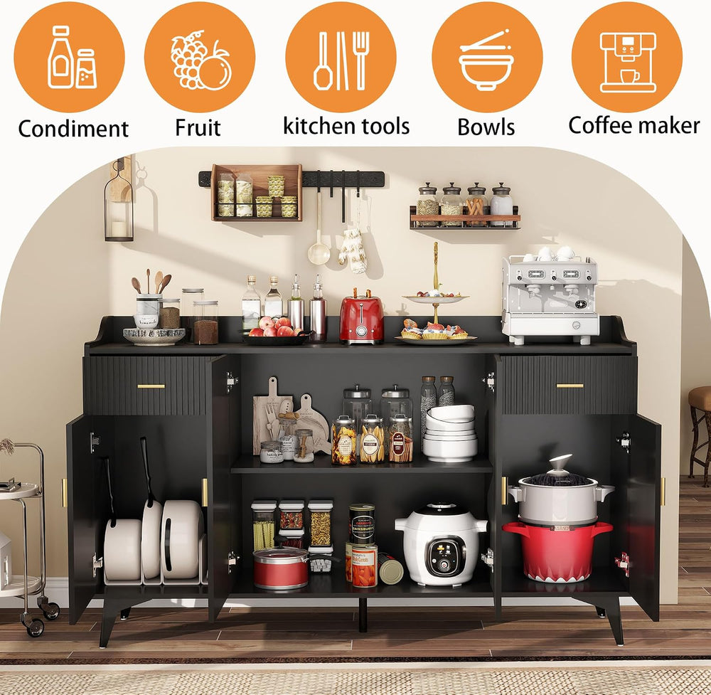 Sideboard Buffet Cabinet with Drawers: 63" Black Fluted Sideboard Cabine...