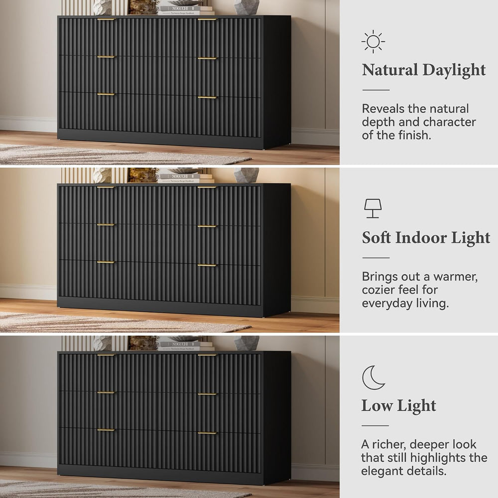 55" Wide Fluted Dresser for Bedroom with 6 Drawers, Black